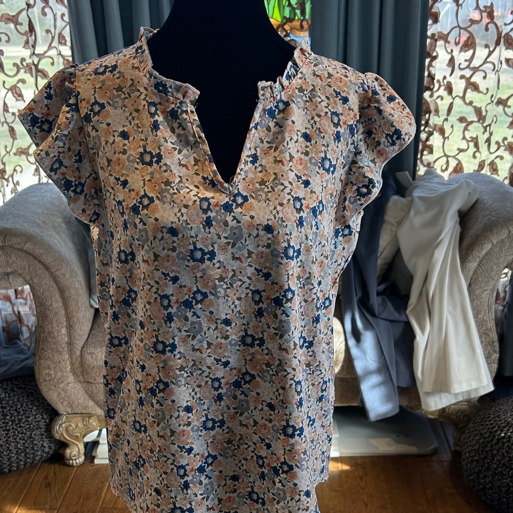 Floral Flutter Sleeve Blouse - Blue & Peach